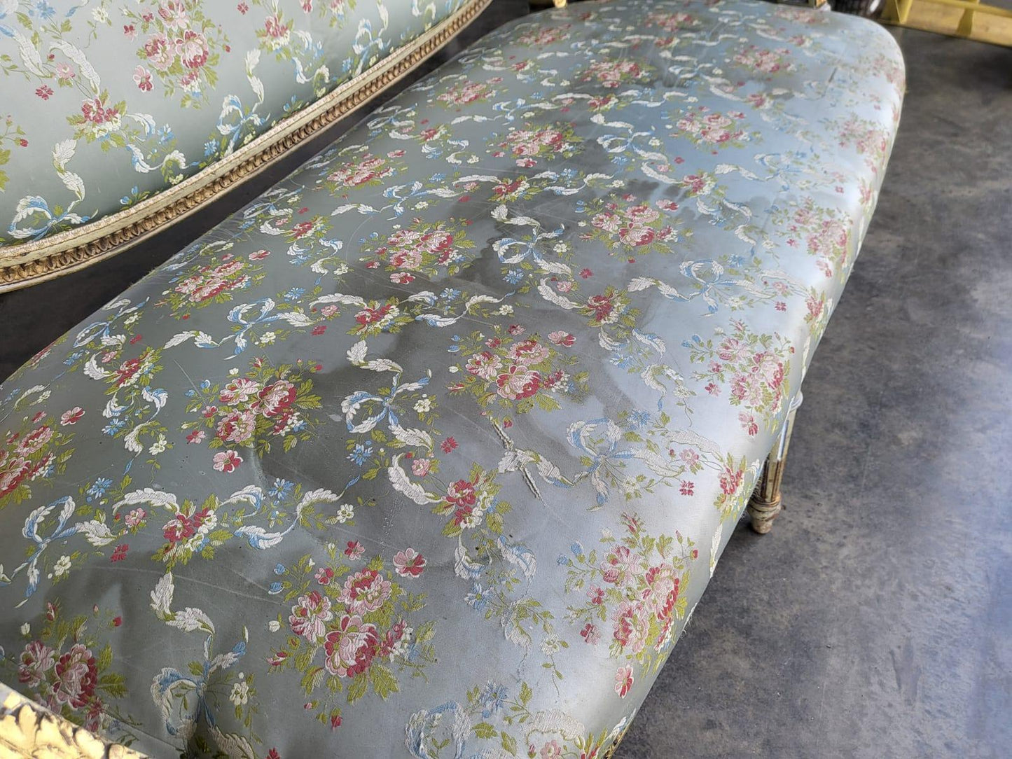 Antique Victorian French wood frame parlour sofa gold silk floral