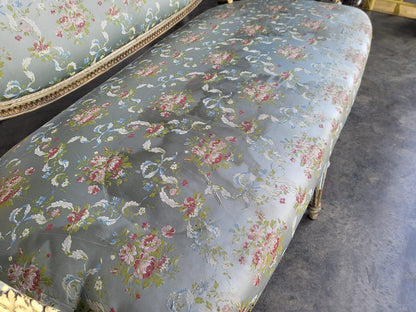 Antique Victorian French wood frame parlour sofa gold silk floral