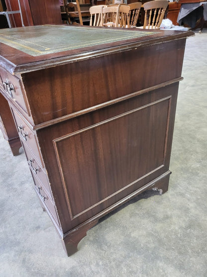 Antique repro small twin pedestal writing desk leather top