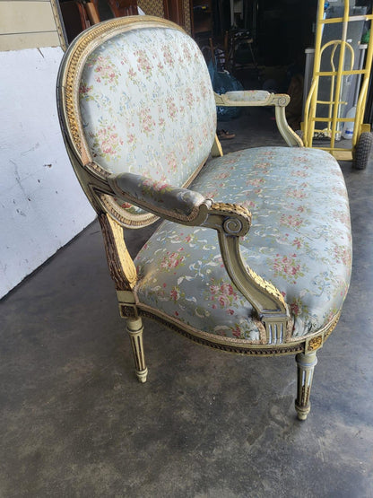 Antique Victorian French wood frame parlour sofa gold silk floral