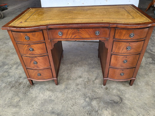 Antique repro small bow front desk 9 drawers leather top