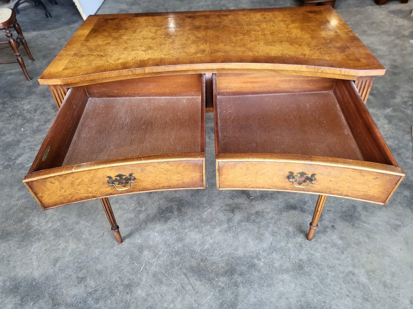 Antique repro walnut convex hall side serving table 2 drawers