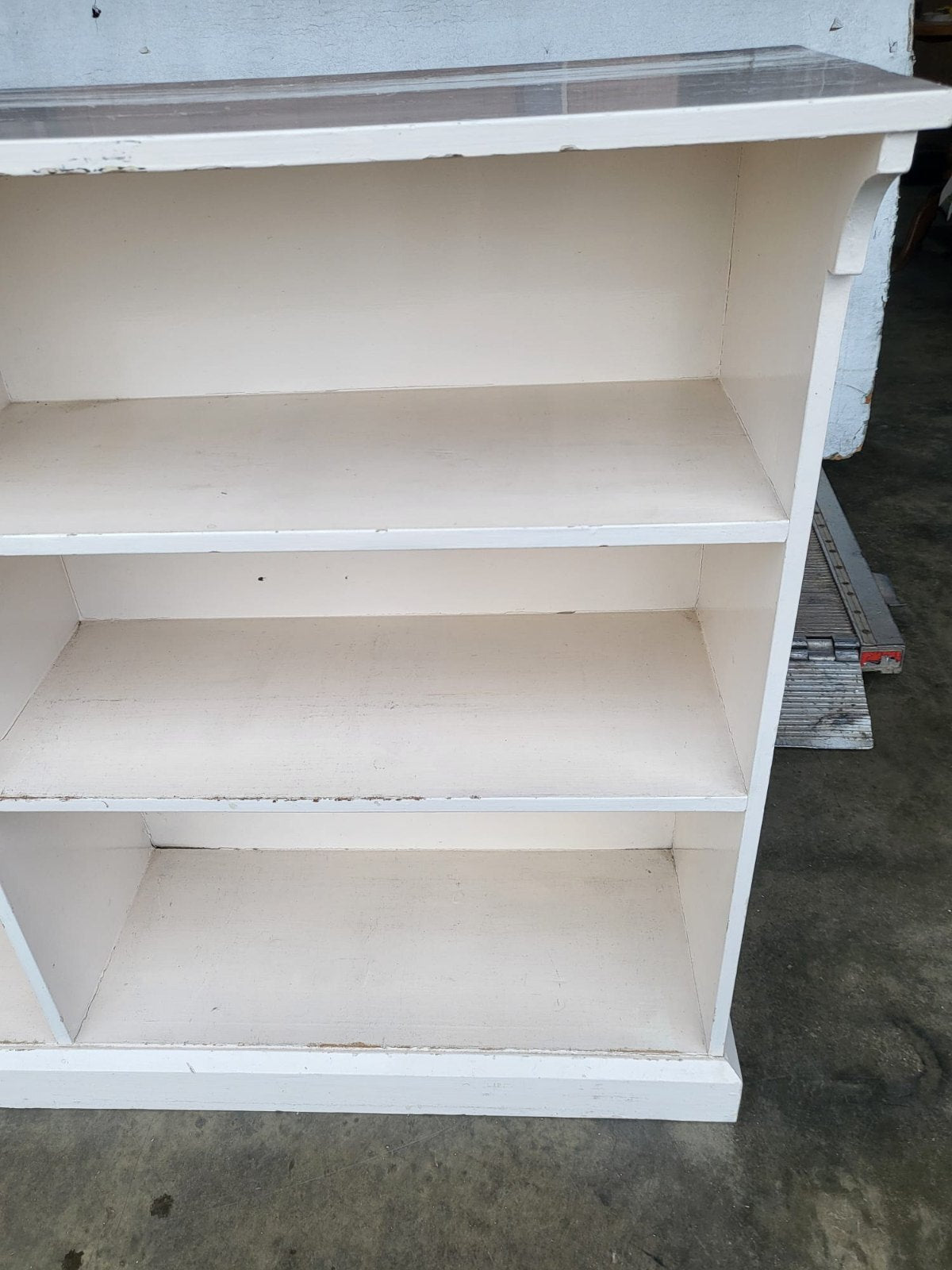 Vintage large low painted white open bookcase six shelves