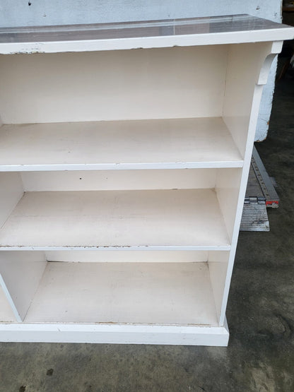 Vintage large low painted white open bookcase six shelves