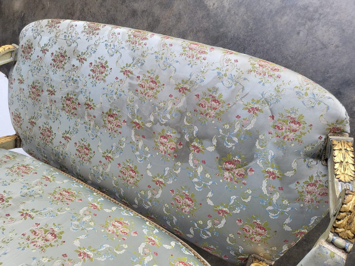 Antique Victorian French wood frame parlour sofa gold silk floral