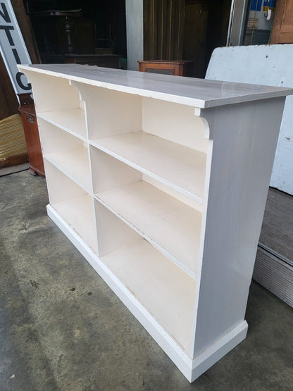 Vintage large low painted white open bookcase six shelves