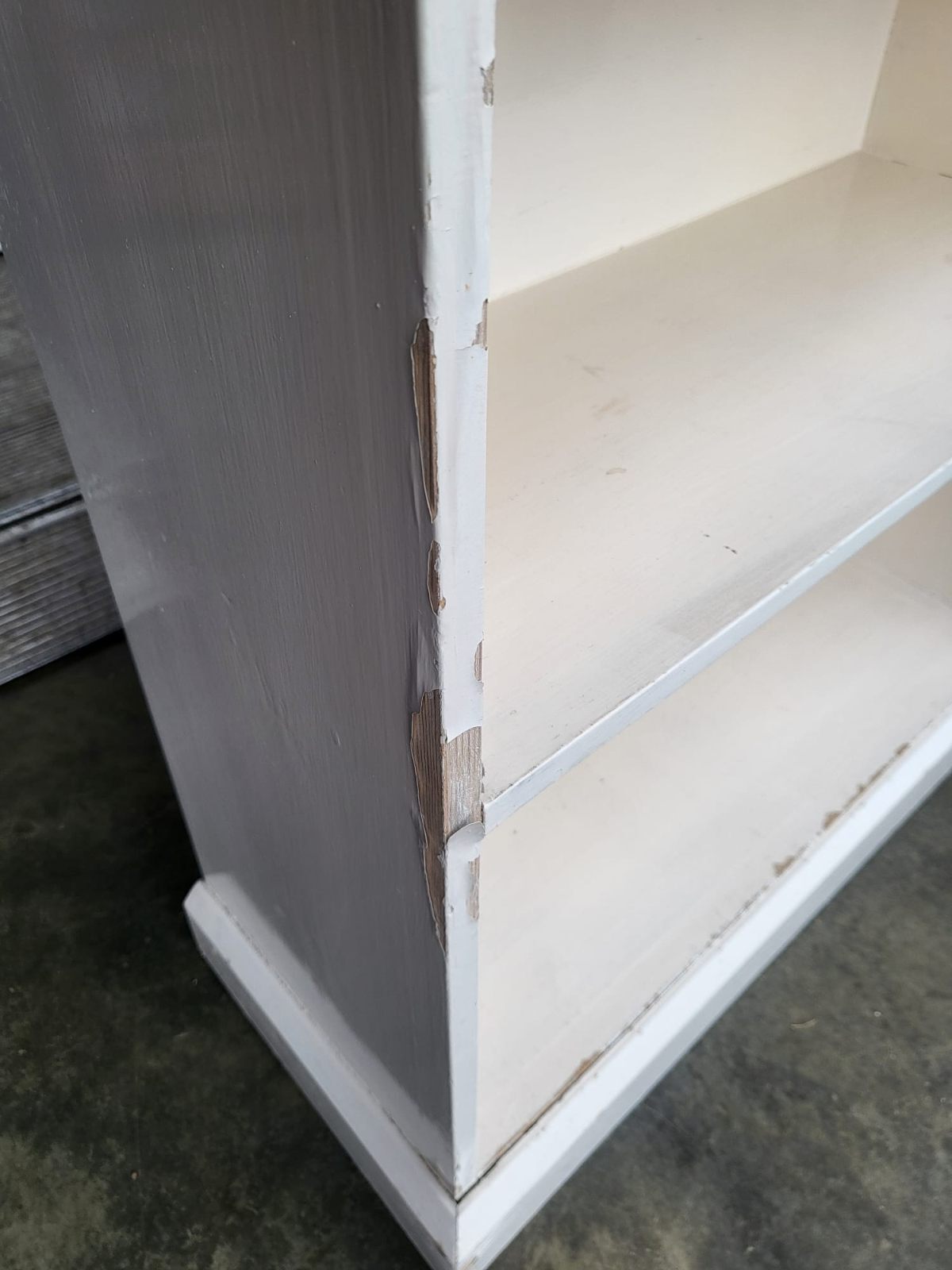 Vintage large low painted white open bookcase six shelves