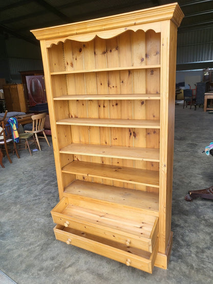 Large pine open bookcase adjustable shelves 2 drawers