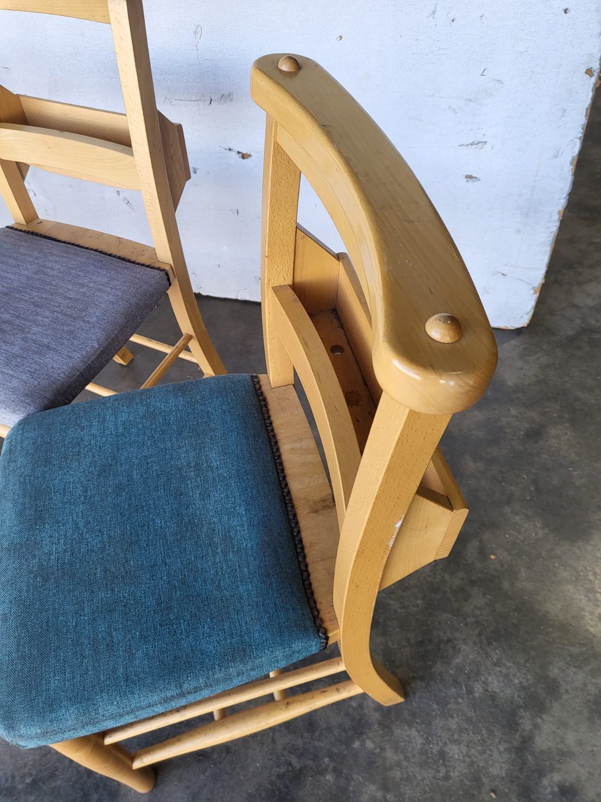 Four small beech church chapel dining chairs upholstered