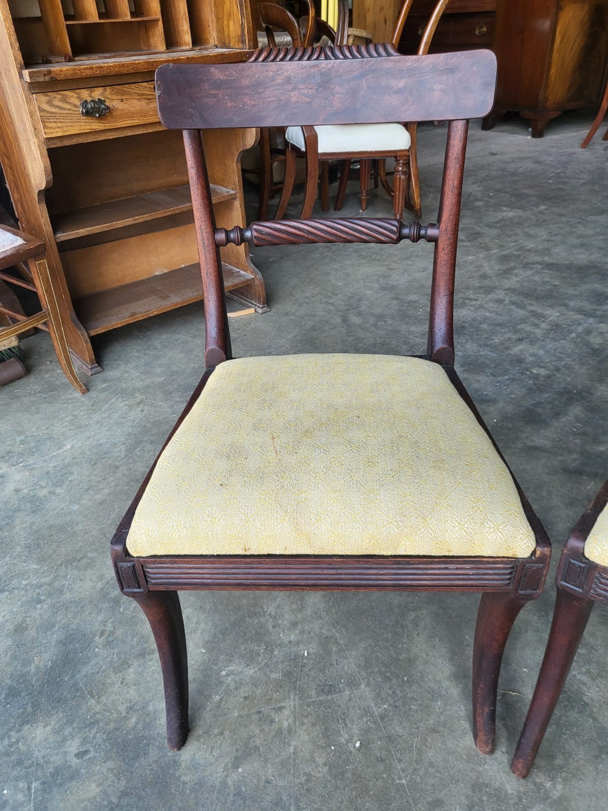 Four small antique Georgian dining chairs sabre leg