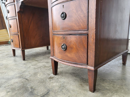Antique repro small bow front desk 9 drawers leather top
