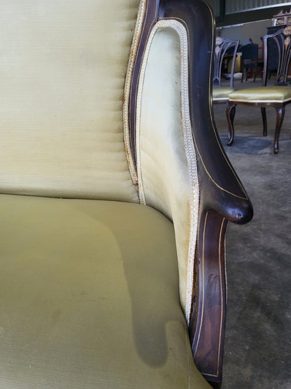 Antique Edwardian small silk parlour sofa cabriole legs castors