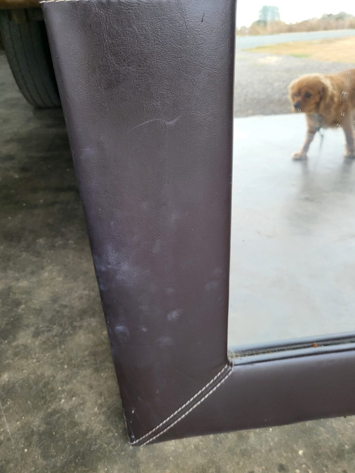 Large tall freestanding mirror leather faux ?  frame 6'x7"x3'