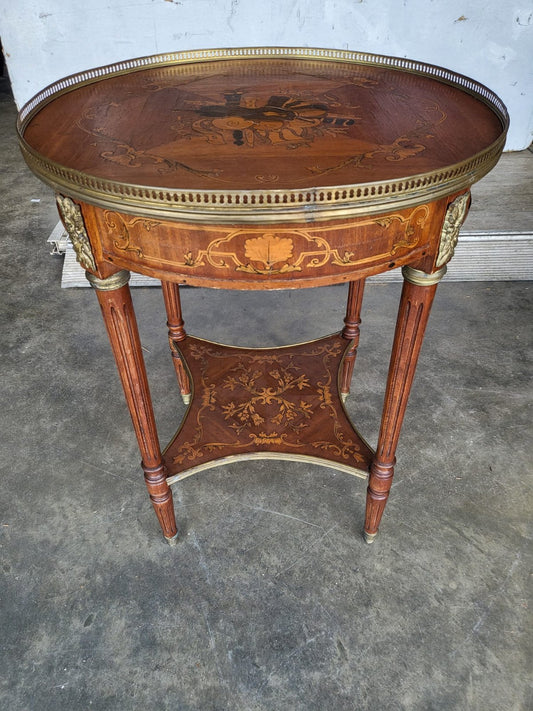 Antique Louis marquetry round 2 tier side end table brass Ormolu