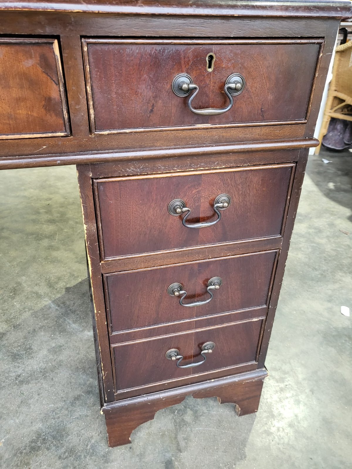 Antique repro small twin pedestal writing desk leather top