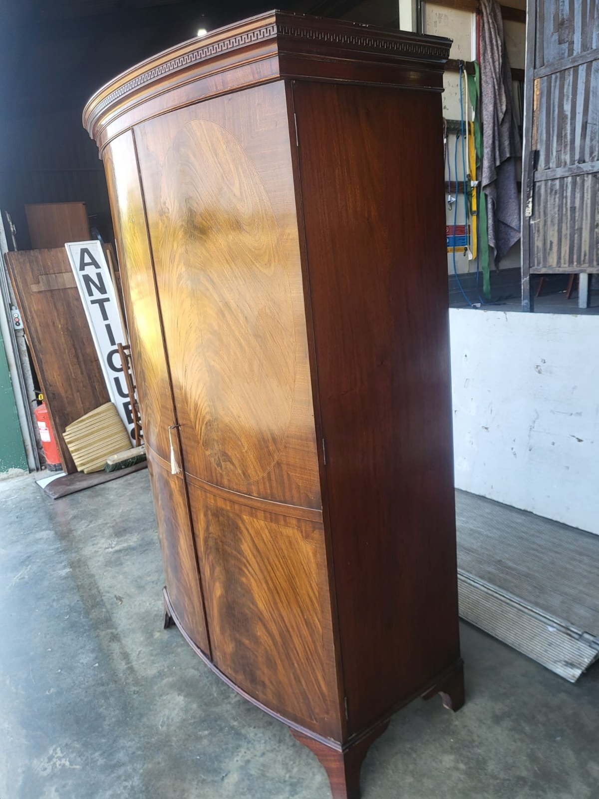 Antique mahogany bow front inlaid 2 x door wardrobe splayed legs