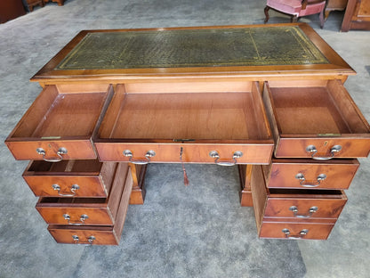 Antique repro Yew small twin pedestal desk leather top