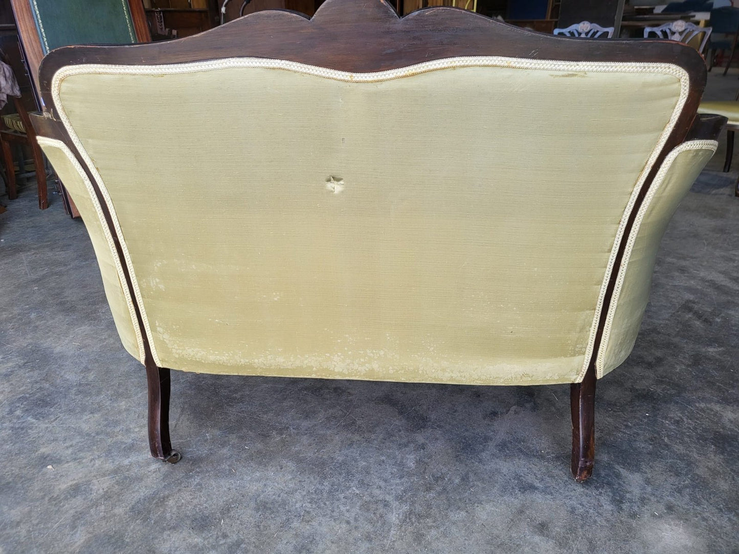 Antique Edwardian small silk parlour sofa cabriole legs castors