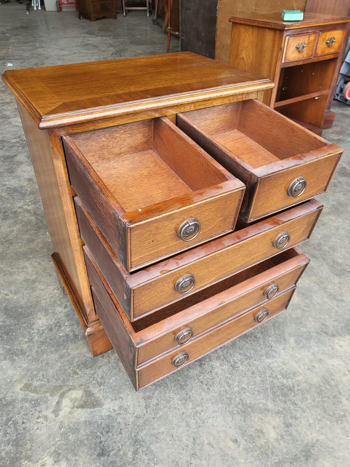Small antique repro 2 over 3 side end chest of drawers