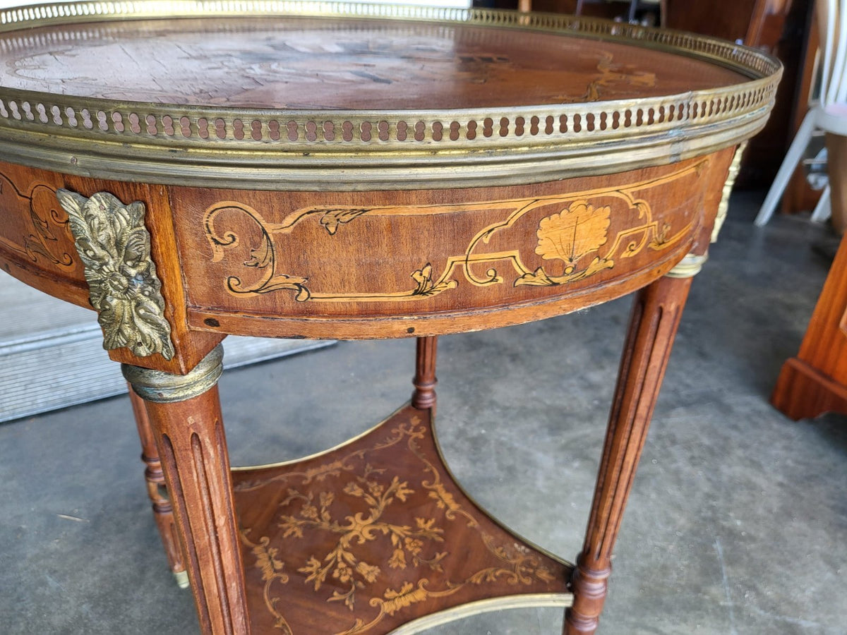 Antique Louis marquetry round 2 tier side end table brass Ormolu