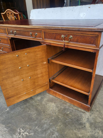 Antique repro large twin pedestal office desk leather top drawers filing