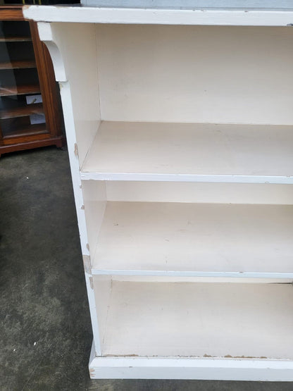 Vintage large low painted white open bookcase six shelves