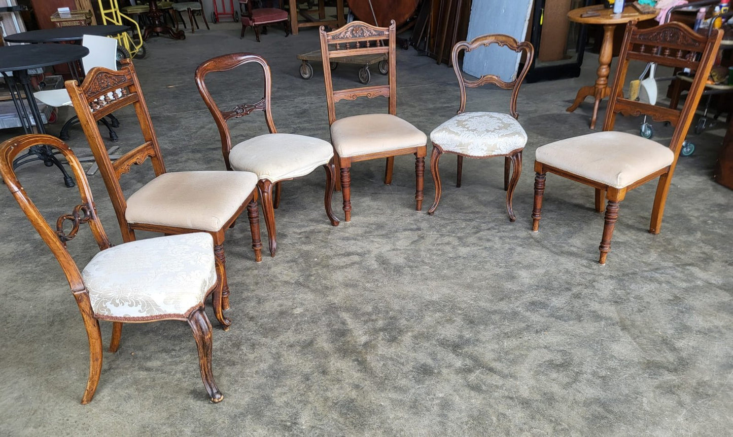 Six antique Victorian mixed dining chairs cream seats
