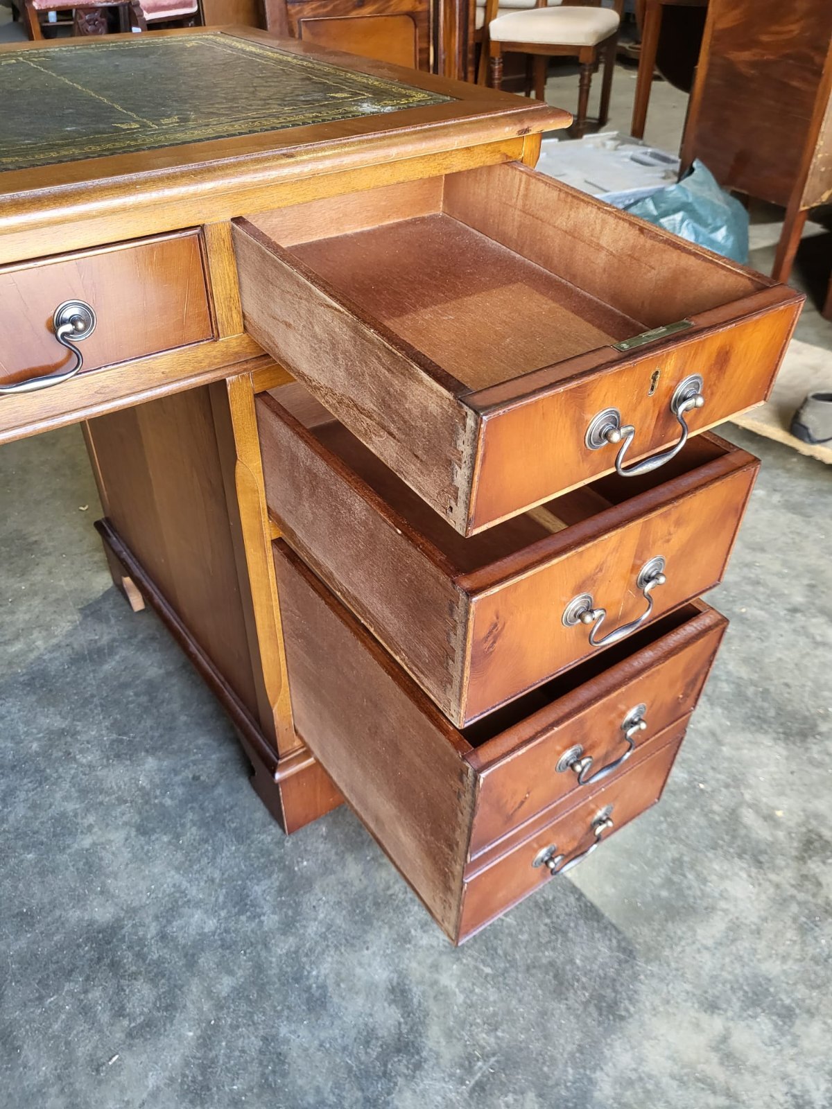 Antique repro Yew small twin pedestal desk leather top
