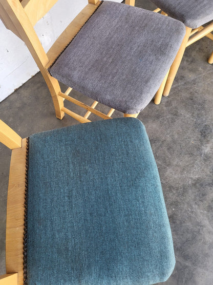 Four small beech church chapel dining chairs upholstered