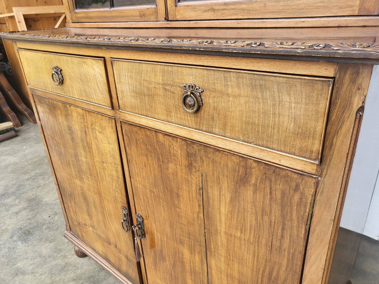 Antique Edwardian glazed bookcase cabinet drawers cupboard shelves