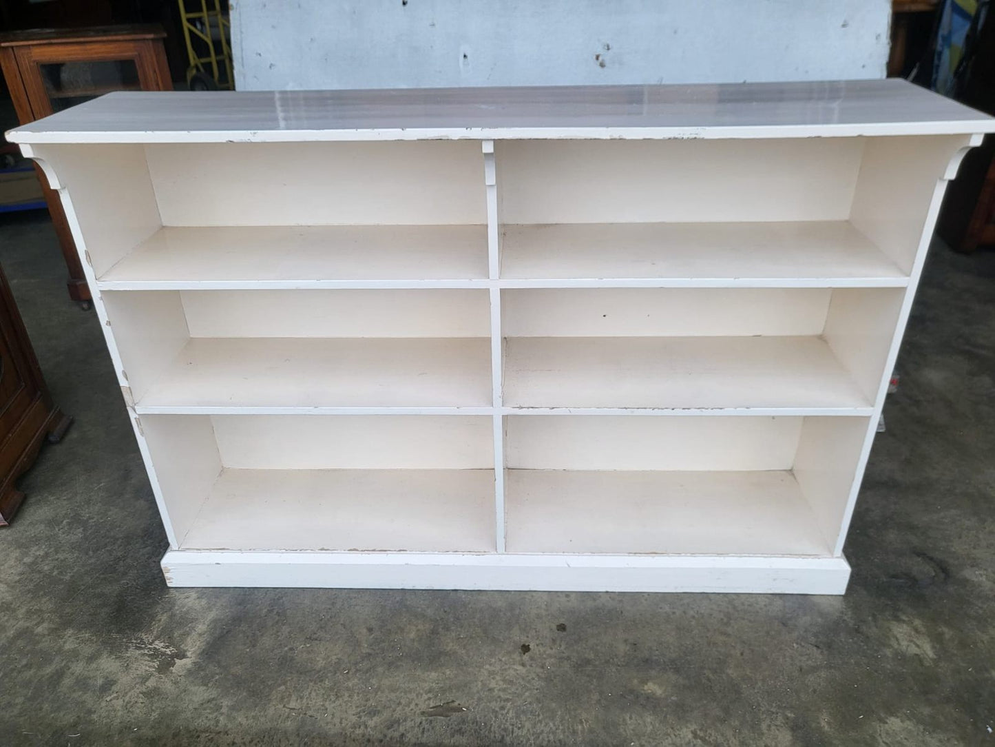 Vintage large low painted white open bookcase six shelves