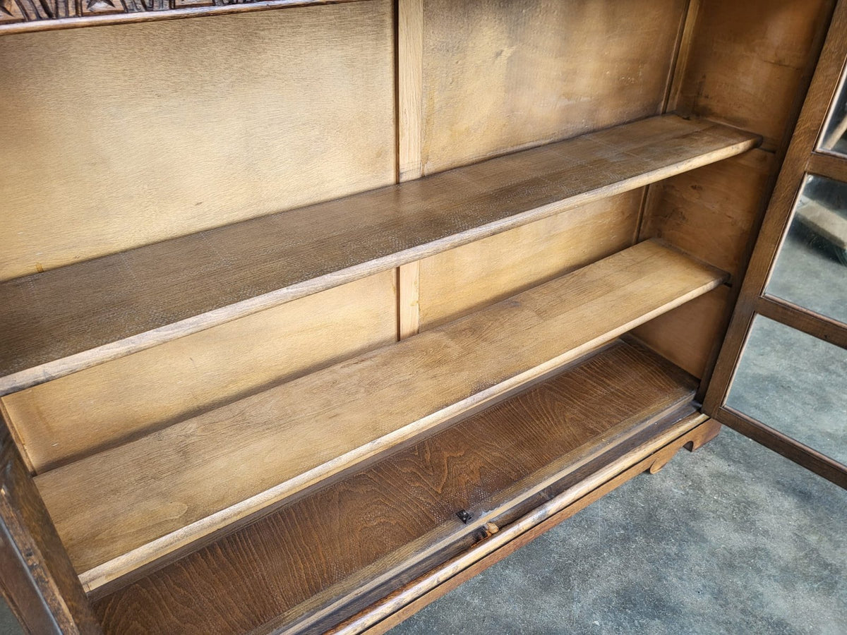 Vintage oak carved 2 door glazed low bookcase cabinet