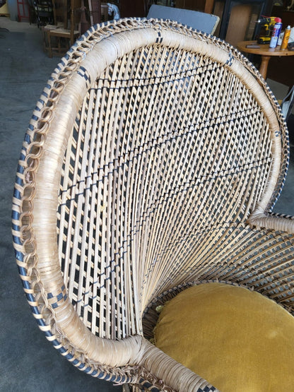 Vintage cane wicker round high back peacock arm chair