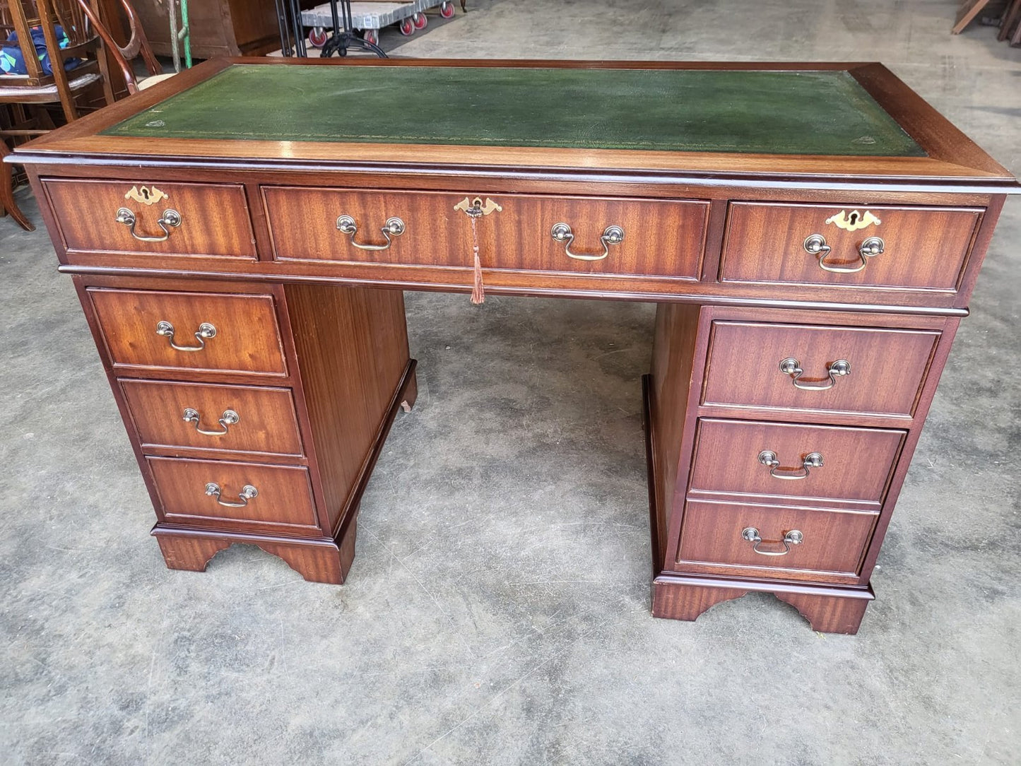 Antique repro small twin pedestal writing desk leather top drawers