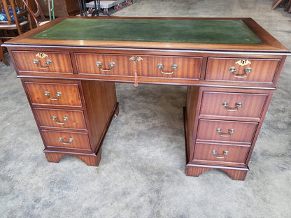 Antique repro small twin pedestal writing desk leather top drawers