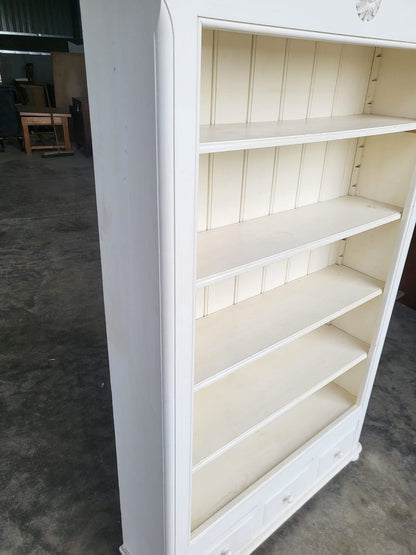 Large white open bookcase adjustable shelves 3 drawers cornice