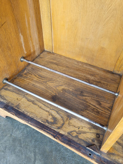 Vintage small oak panelled gentleman's wardrobe shelves drawer