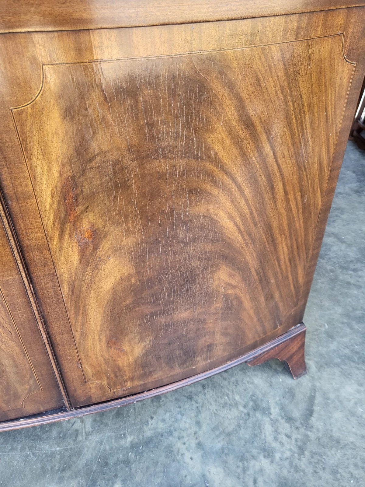 Antique mahogany bow front inlaid 2 x door wardrobe splayed legs