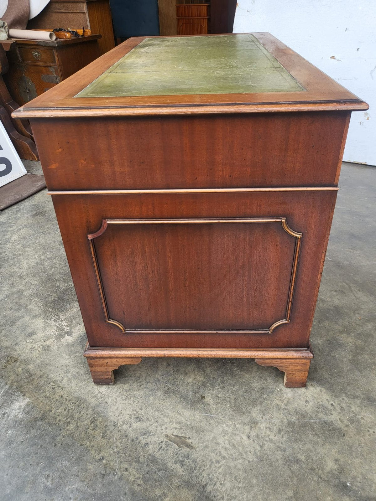 Antique repro small twin pedestal writing desk leather top 8 drawers