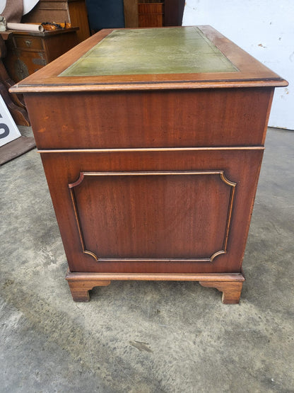 Antique repro small twin pedestal writing desk leather top 8 drawers