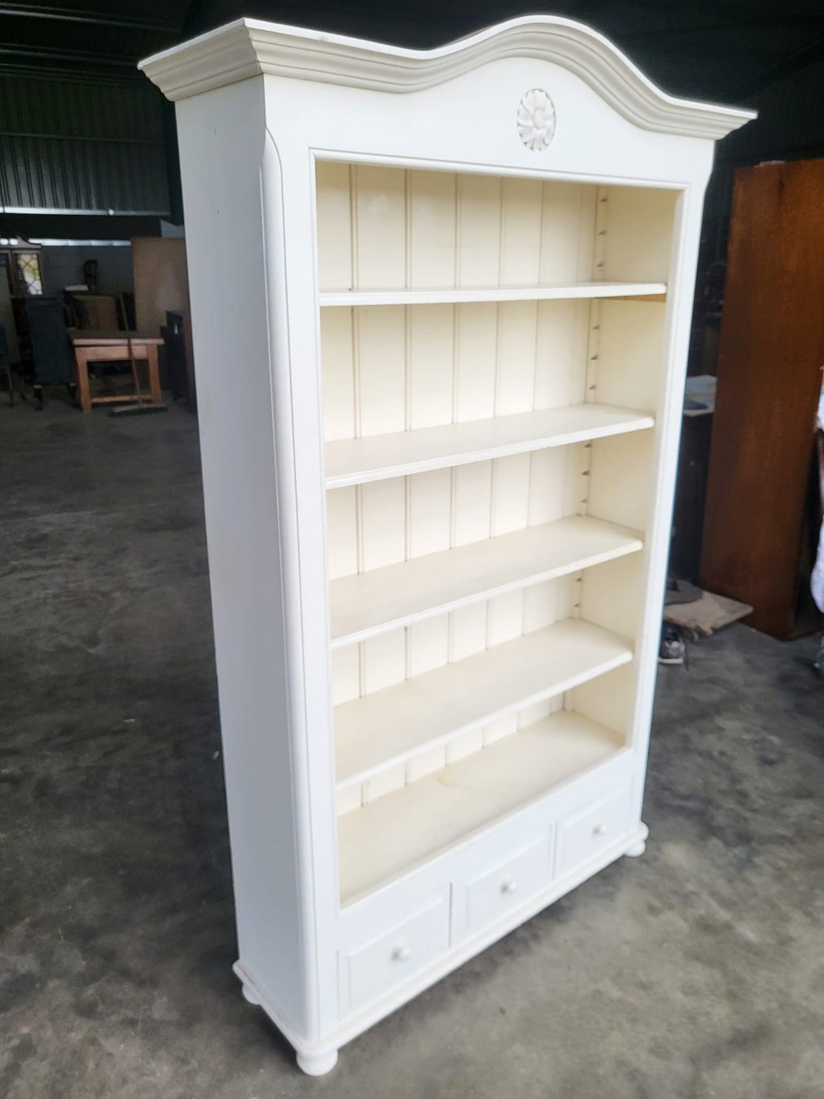 Large white open bookcase adjustable shelves 3 drawers cornice