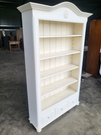 Large white open bookcase adjustable shelves 3 drawers cornice