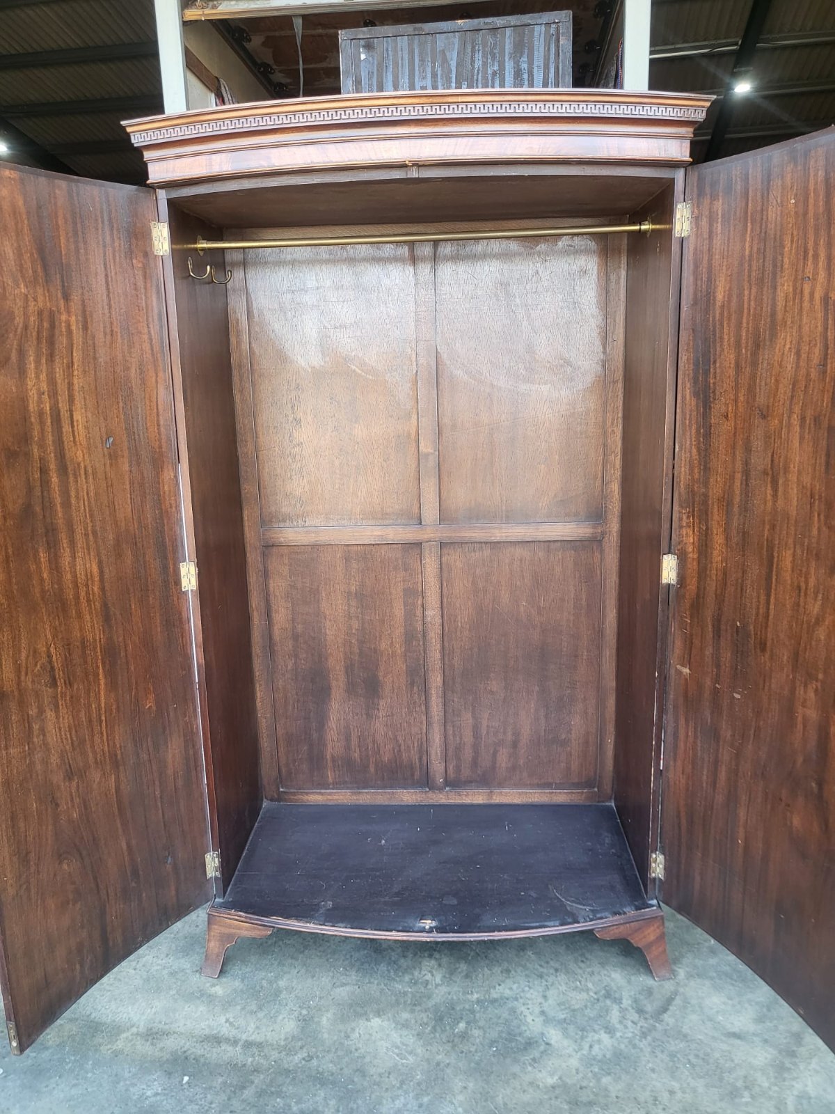 Antique mahogany bow front inlaid 2 x door wardrobe splayed legs
