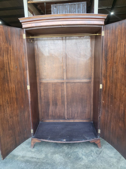 Antique mahogany bow front inlaid 2 x door wardrobe splayed legs