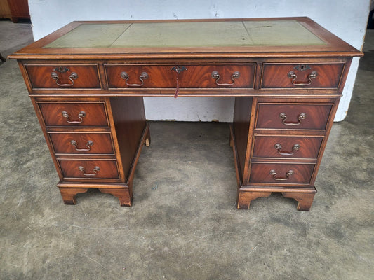 Antique repro small twin pedestal writing desk leather top 8 drawers