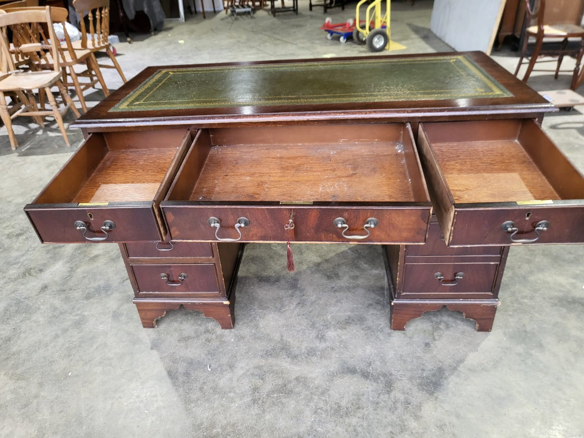 Antique repro small twin pedestal writing desk leather top