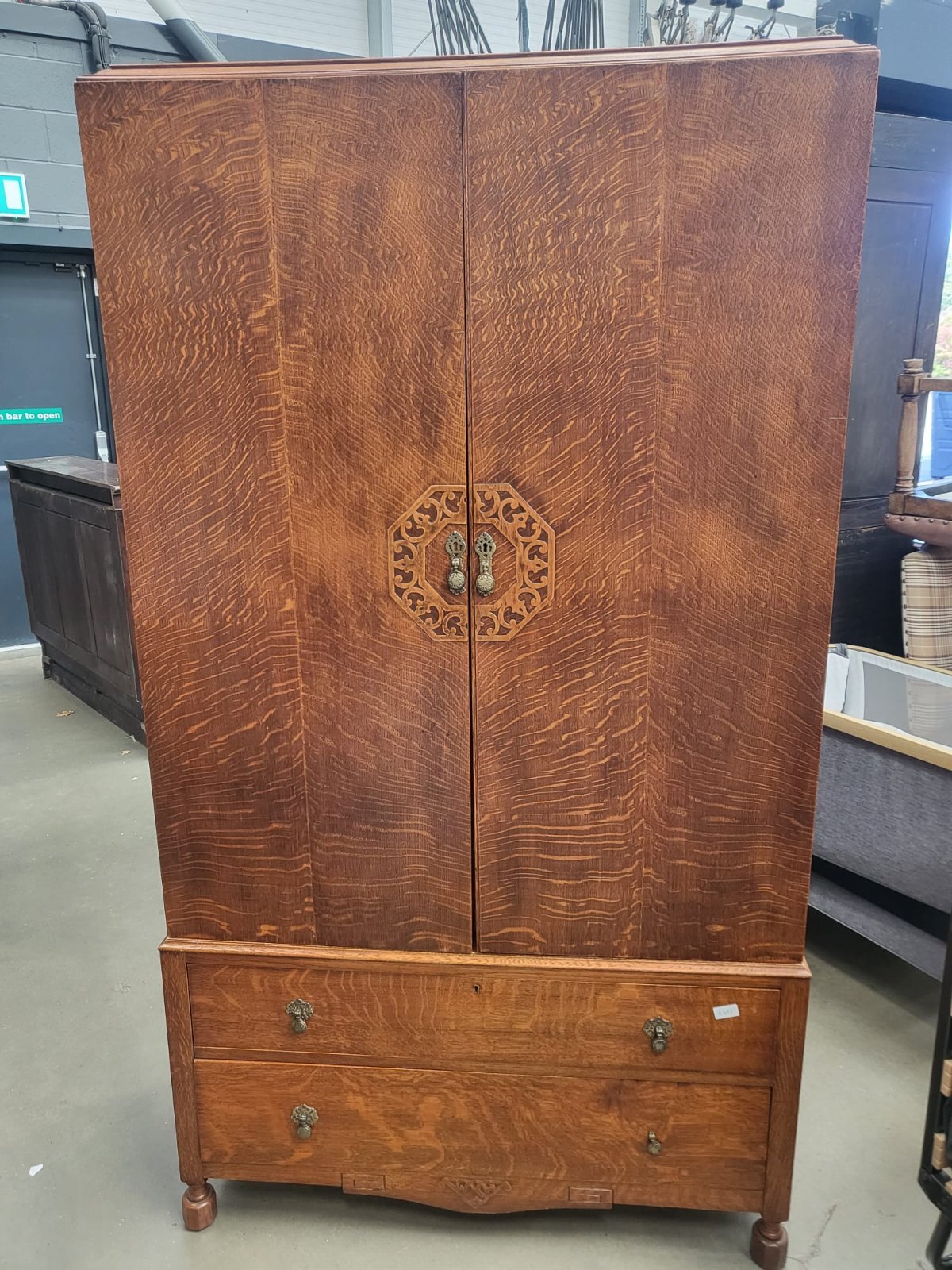 Vintage 1930's oak small wardrobe two drawers bun feet mirror