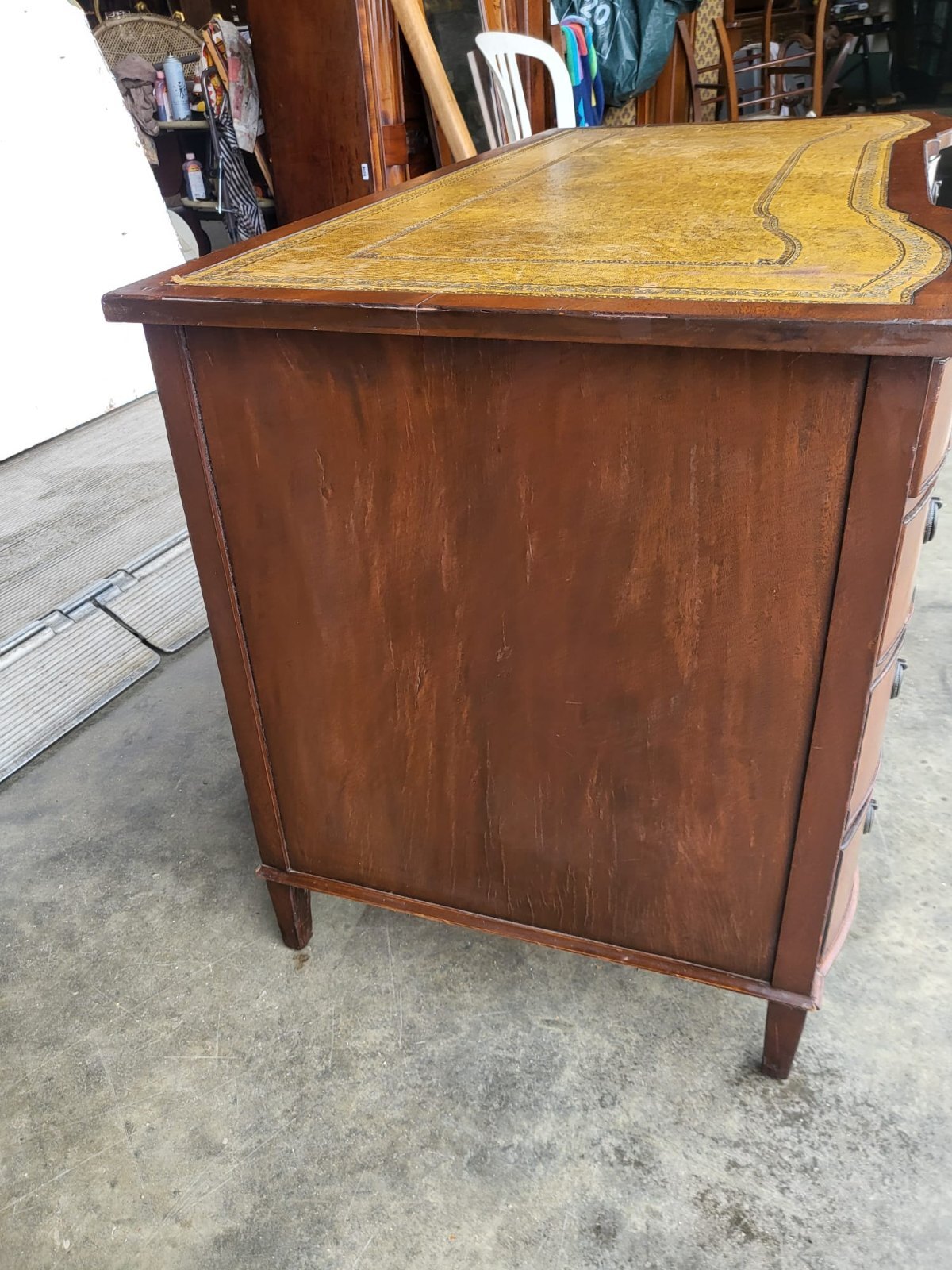 Antique repro small bow front desk 9 drawers leather top