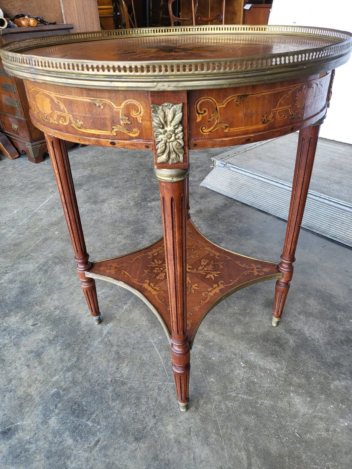 Antique Louis marquetry round 2 tier side end table brass Ormolu