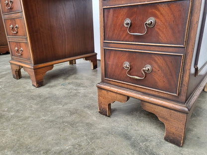 Antique repro small twin pedestal writing desk leather top 8 drawers